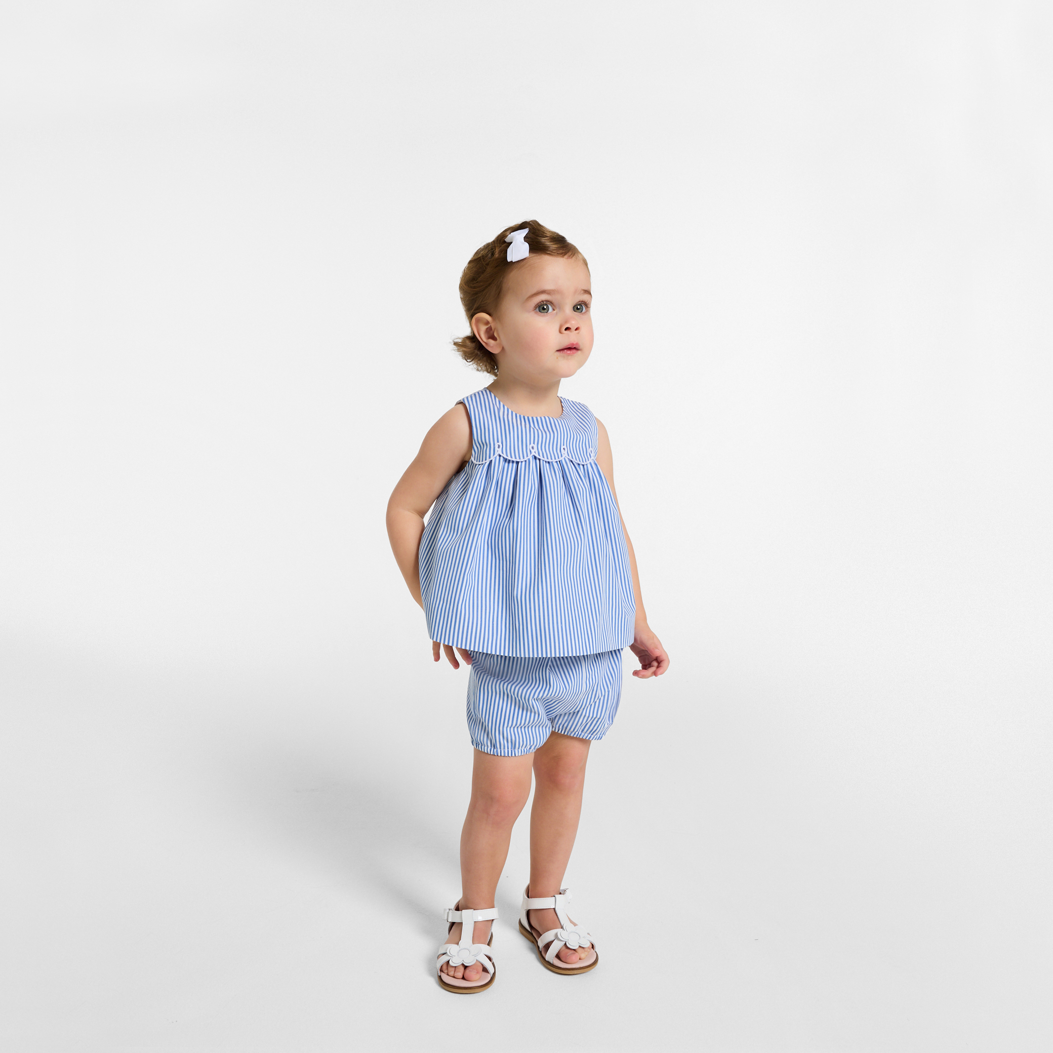 Jacadi - Kort gestreept setje van poplin baby meisje - wit/blauw
